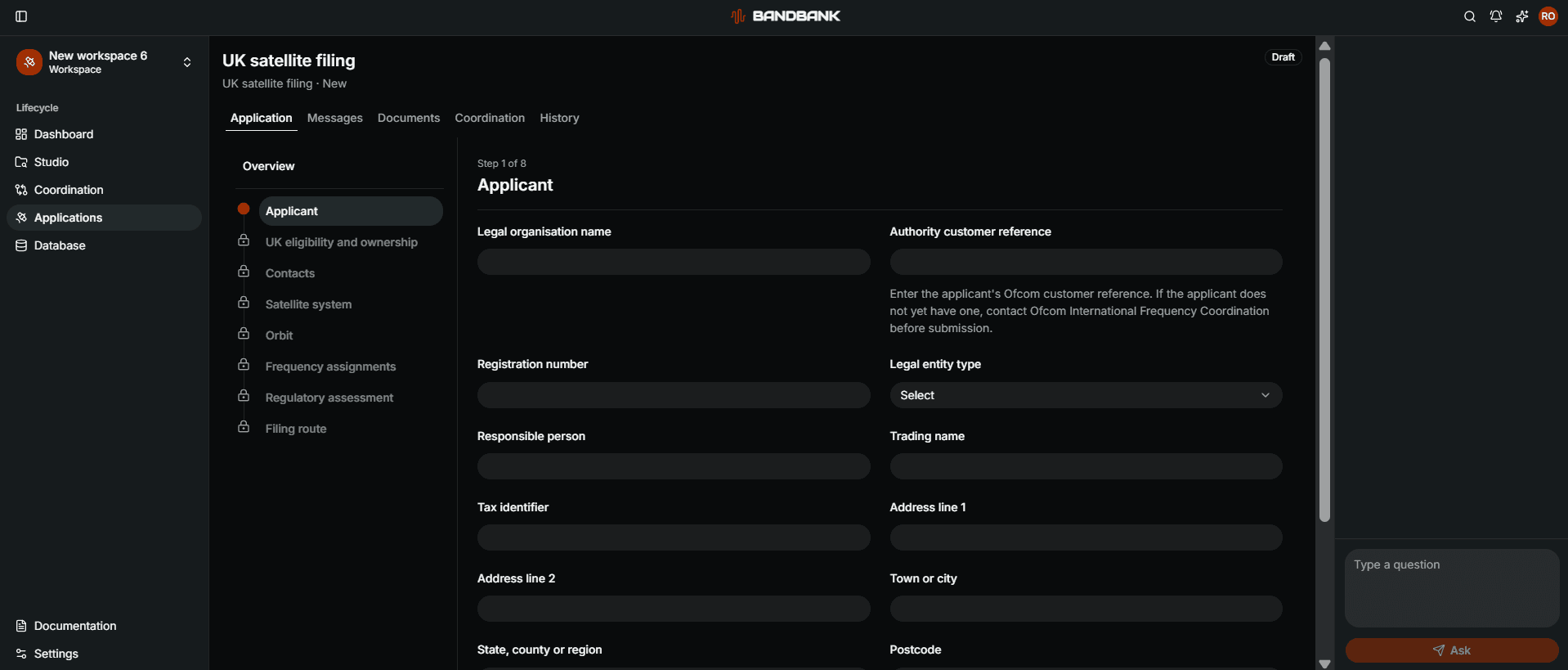 Bandbank workflow for preparing a UK satellite filing