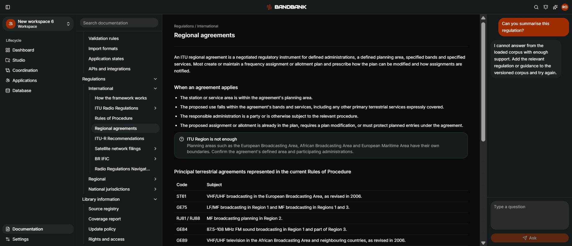 Bandbank regulatory library with an evidence-grounded AI assistant